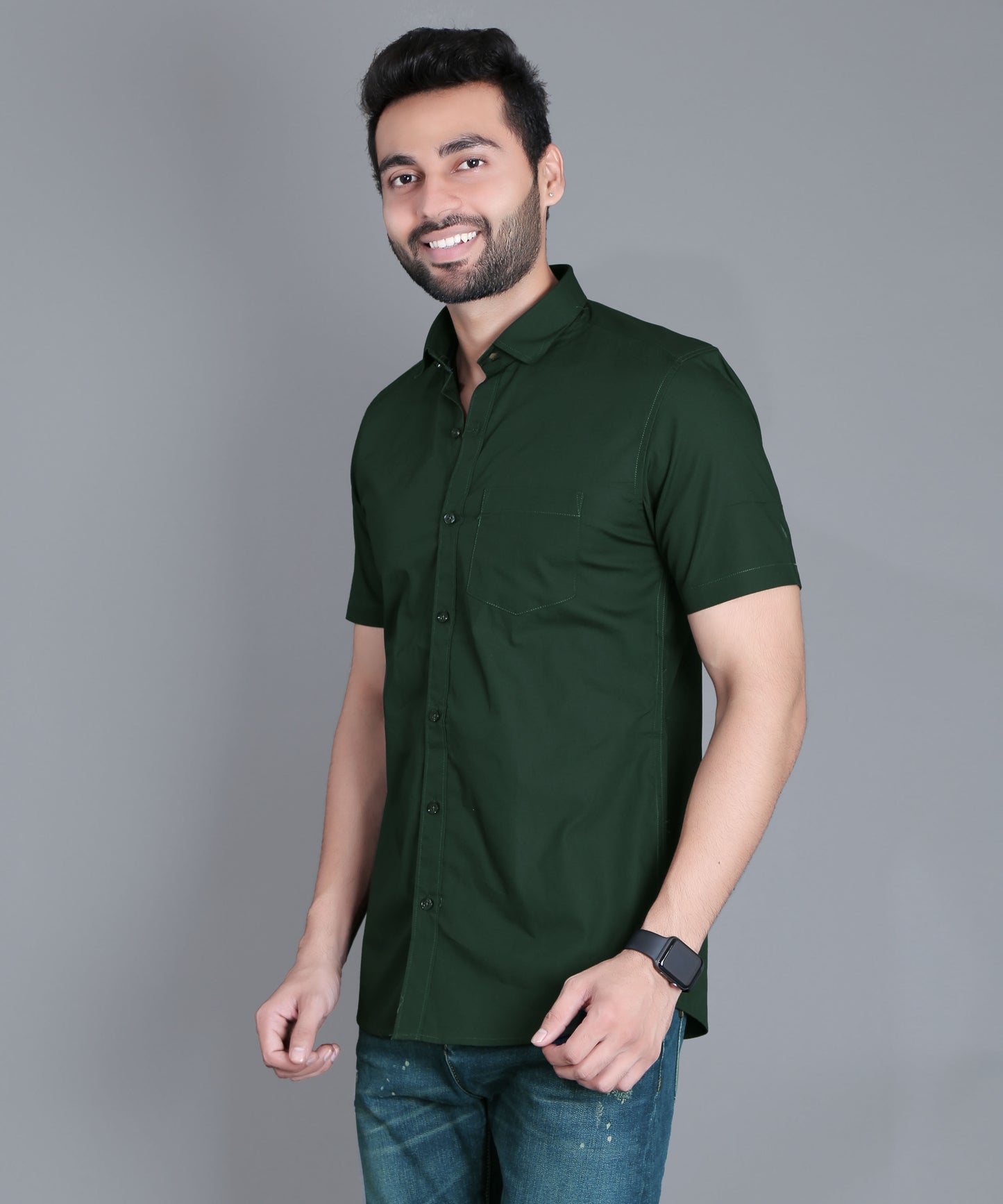 5thanfold Men's Casual Pure Cotton Half Sleeve Solid Bottle Green Slim Fit Shirt