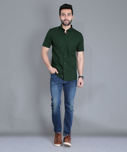 5thanfold Men's Casual Pure Cotton Half Sleeve Solid Bottle Green Slim Fit Shirt