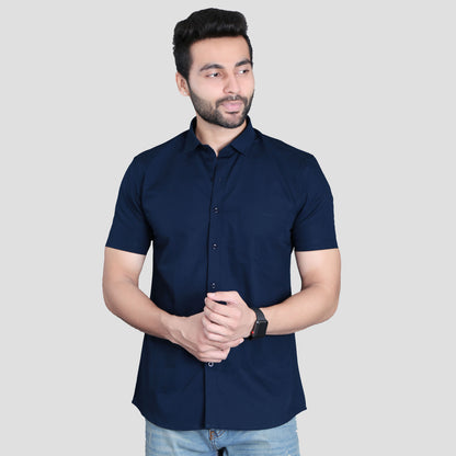 5thanfold Men's Casual Pure Cotton Half Sleeve Solid Light Navy Slim Fit Shirt