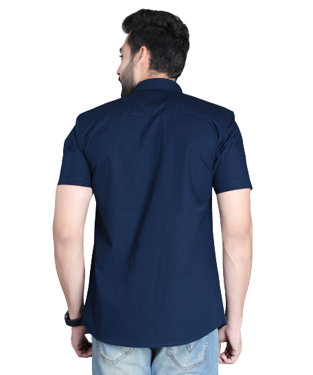 5thanfold Men's Casual Pure Cotton Half Sleeve Solid Navy Blue Slim Fit Shirt