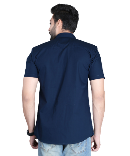 5thanfold Men's Casual Pure Cotton Half Sleeve Solid Navy Blue Slim Fit Shirt