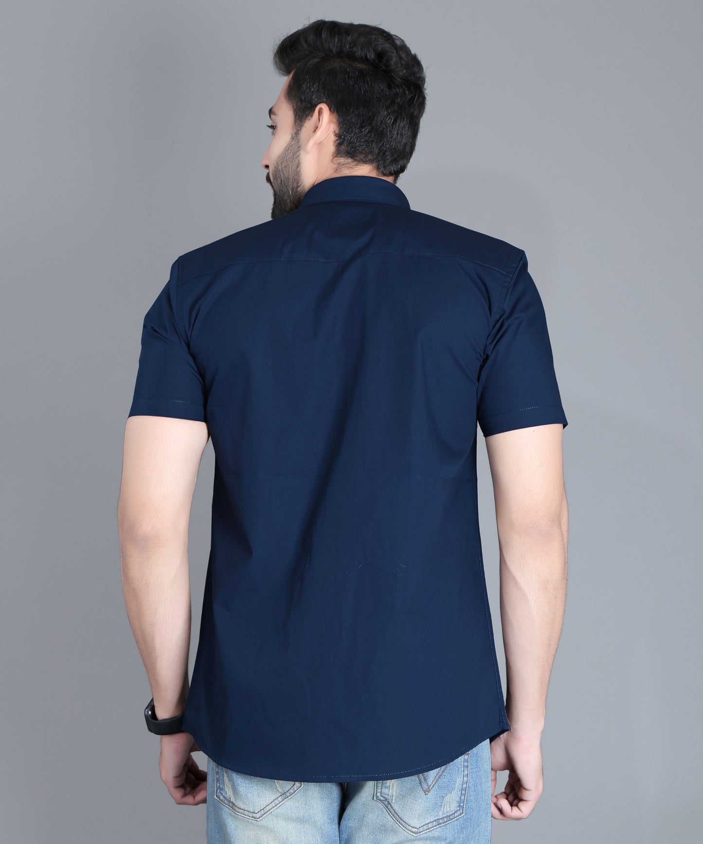 5thanfold Men's Casual Pure Cotton Half Sleeve Solid Light Navy Slim Fit Shirt