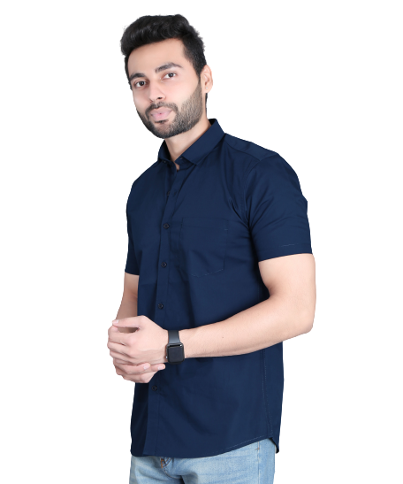 5thanfold Men's Casual Pure Cotton Half Sleeve Solid Navy Blue Slim Fit Shirt