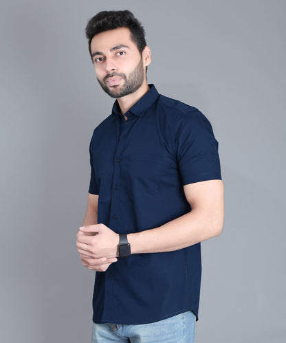 5thanfold Men's Casual Pure Cotton Half Sleeve Solid Light Navy Slim Fit Shirt