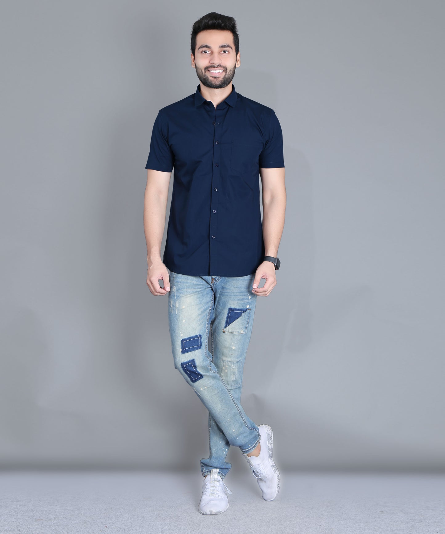 5thanfold Men's Casual Pure Cotton Half Sleeve Solid Light Navy Slim Fit Shirt