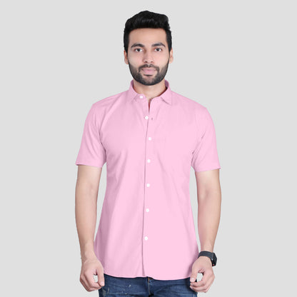 5thanfold Men's Casual Pure Cotton Half Sleeve Solid Pink Slim Fit Shirt