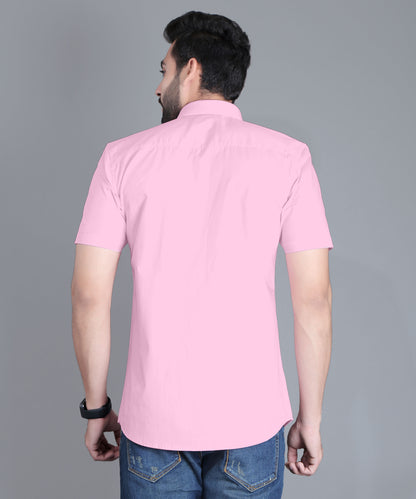 5thanfold Men's Casual Pure Cotton Half Sleeve Solid Pink Slim Fit Shirt