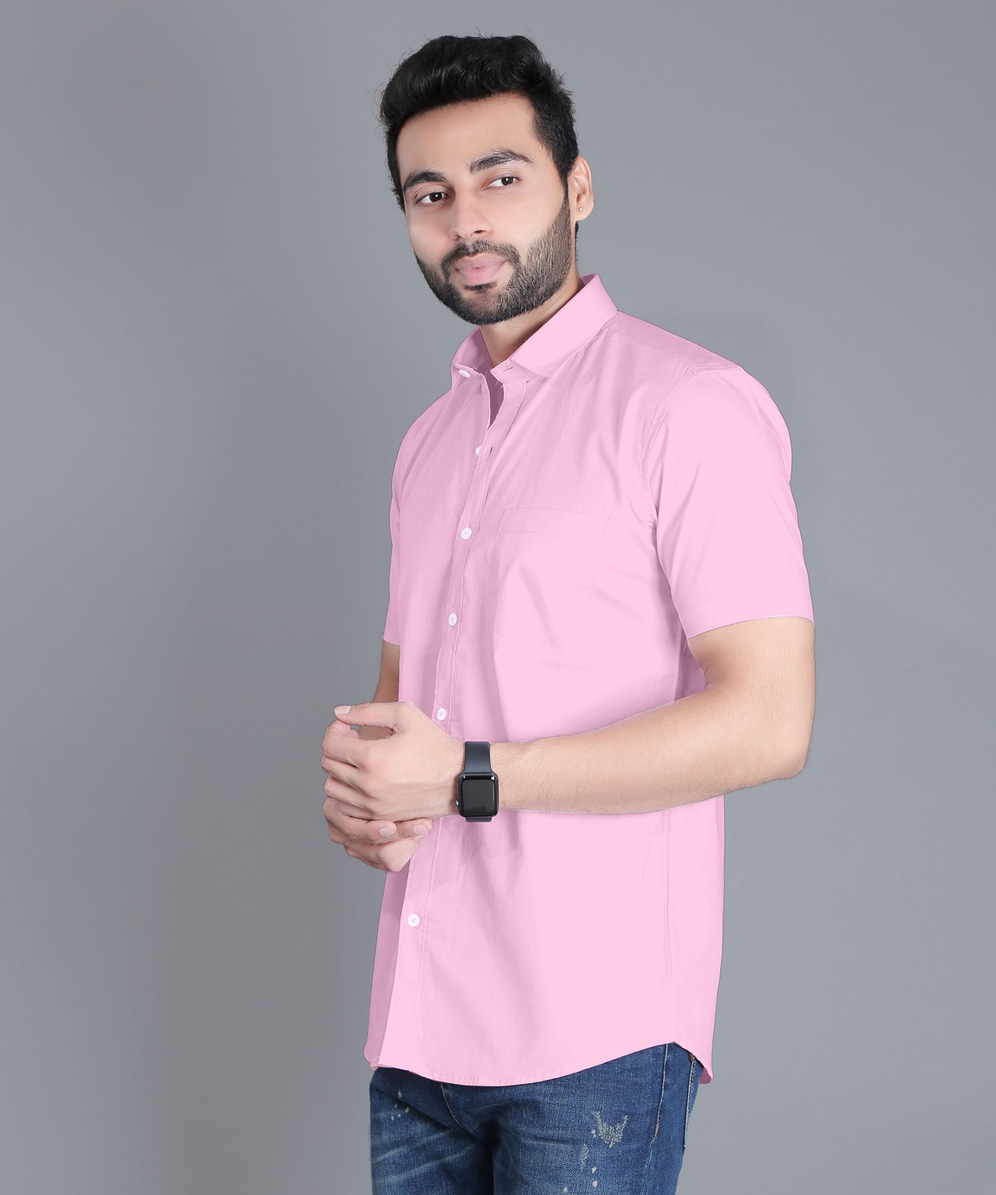 5thanfold Men's Casual Pure Cotton Half Sleeve Solid Pink Slim Fit Shirt