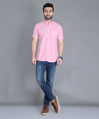 5thanfold Men's Casual Pure Cotton Half Sleeve Solid Pink Slim Fit Shirt