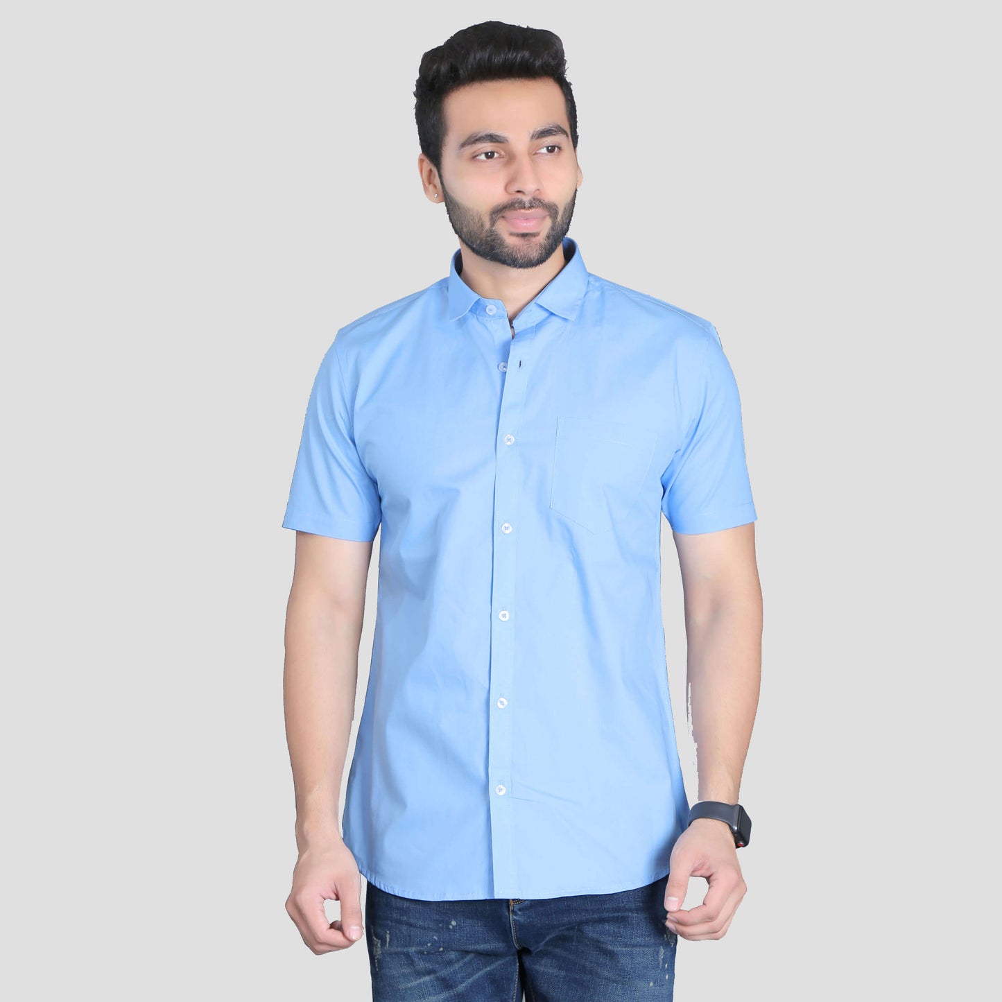 5thanfold Men's Casual Pure Cotton Half Sleeve Solid Sky Blue Slim Fit Shirt