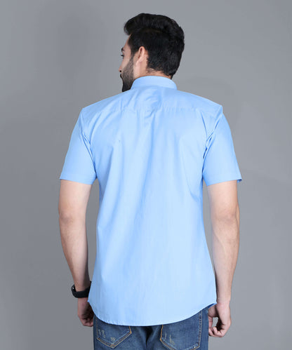 5thanfold Men's Casual Pure Cotton Half Sleeve Solid Sky Blue Slim Fit Shirt