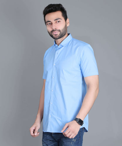 5thanfold Men's Casual Pure Cotton Half Sleeve Solid Sky Blue Slim Fit Shirt