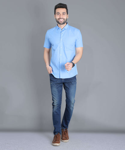 5thanfold Men's Casual Pure Cotton Half Sleeve Solid Sky Blue Slim Fit Shirt