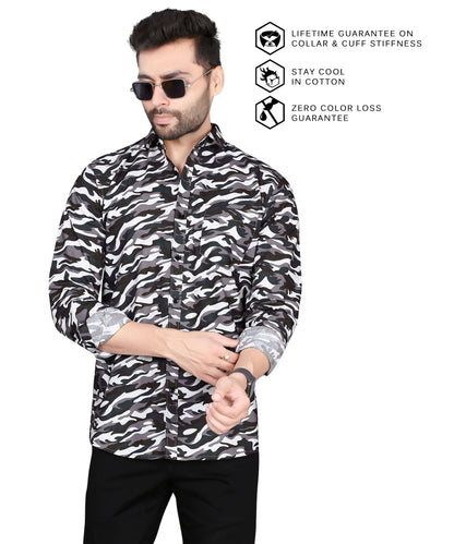 5thanfold Men's Casual Pure Cotton Full Sleeve Printed White Slim Fit Shirt