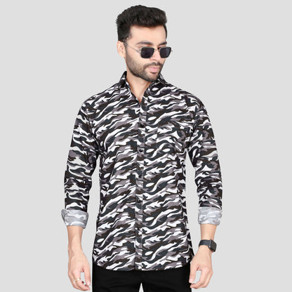 5thanfold Men's Casual Pure Cotton Full Sleeve Printed White Slim Fit Shirt