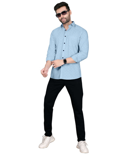5thanfold Men's Casual Pure Cotton Full Sleeve Printed Sky Blue Slim Fit Shirt