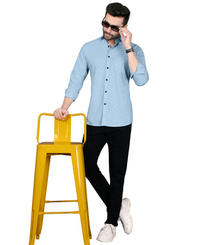 5thanfold Men's Casual Pure Cotton Full Sleeve Printed Sky Blue Slim Fit Shirt