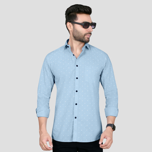 5thanfold Men's Casual Pure Cotton Full Sleeve Printed Sky Blue Slim Fit Shirt