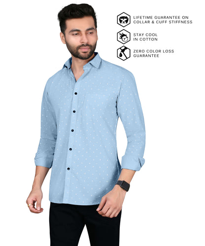 5thanfold Men's Casual Pure Cotton Full Sleeve Printed Sky Blue Slim Fit Shirt