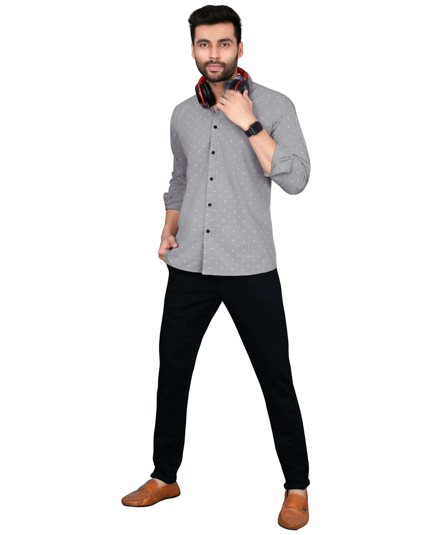 5thanfold Men's Casual Pure Cotton Full Sleeve Printed Grey Slim Fit Shirt