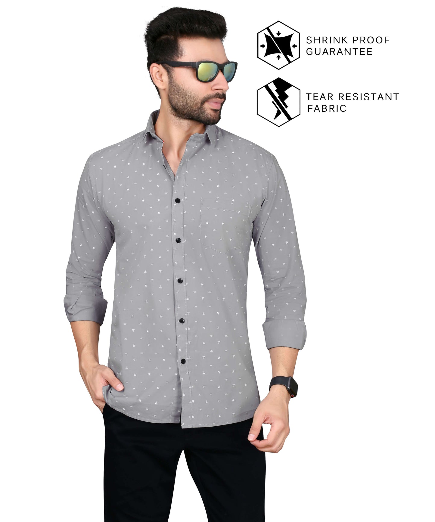 5thanfold Men's Casual Pure Cotton Full Sleeve Printed Grey Slim Fit Shirt