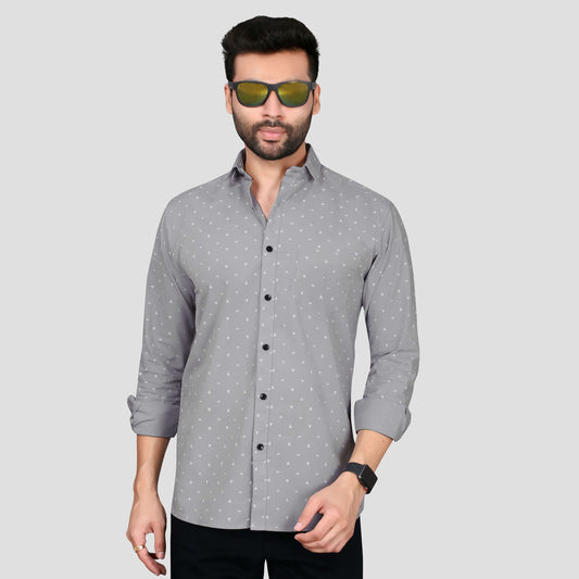 5thanfold Men's Casual Pure Cotton Full Sleeve Printed Grey Slim Fit Shirt