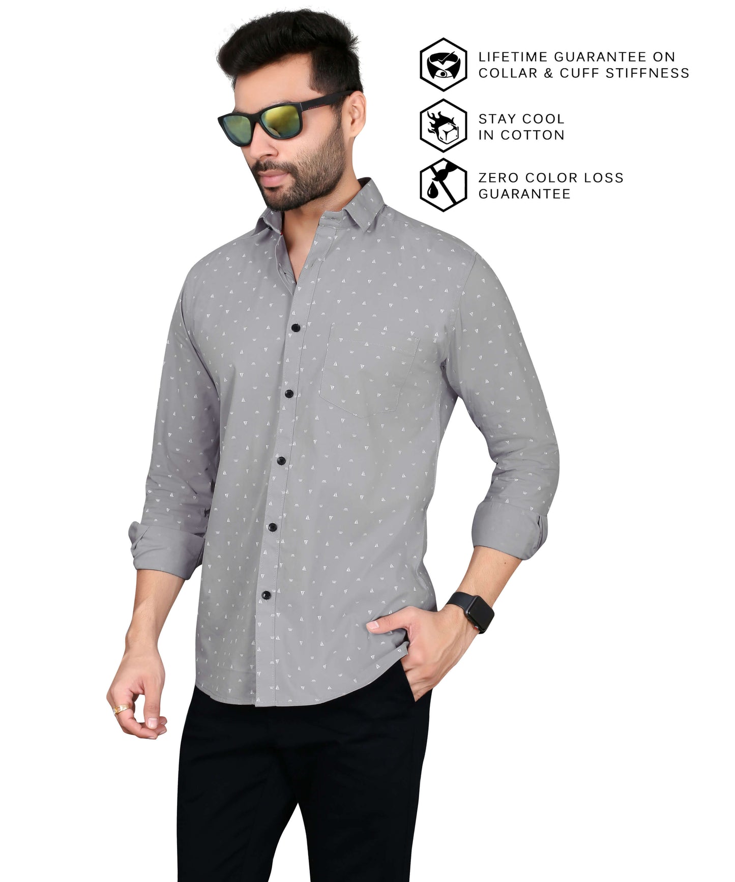 5thanfold Men's Casual Pure Cotton Full Sleeve Printed Grey Slim Fit Shirt