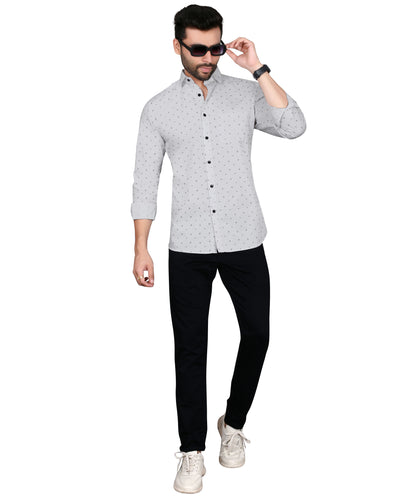 5thanfold Men's Casual Pure Cotton Full Sleeve Printed White Slim Fit Shirt