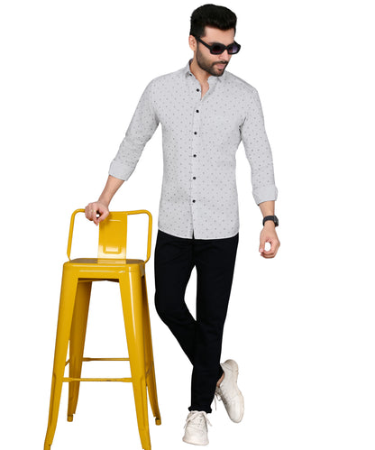 5thanfold Men's Casual Pure Cotton Full Sleeve Printed White Slim Fit Shirt