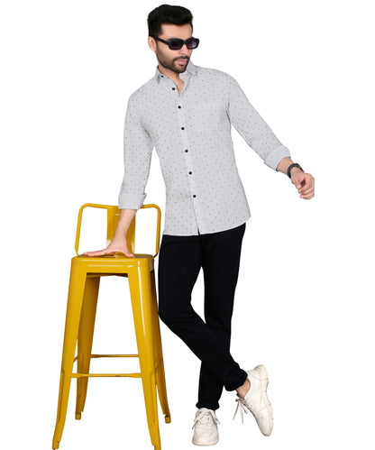 5thanfold Men's Casual Pure Cotton Full Sleeve Printed White Slim Fit Shirt