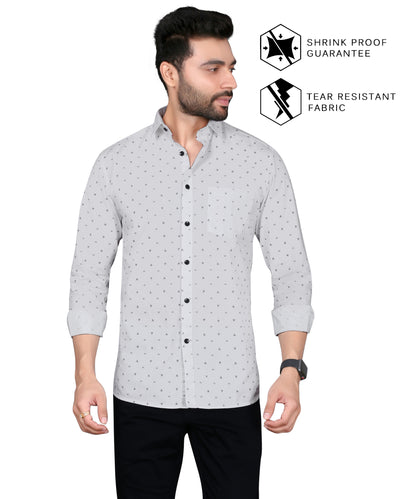 5thanfold Men's Casual Pure Cotton Full Sleeve Printed White Slim Fit Shirt