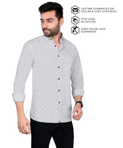 5thanfold Men's Casual Pure Cotton Full Sleeve Printed White Slim Fit Shirt