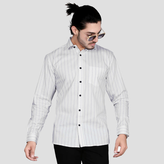 5thanfold Men's Pure Cotton Casual Full Sleeve Striped White Slim Fit Shirt