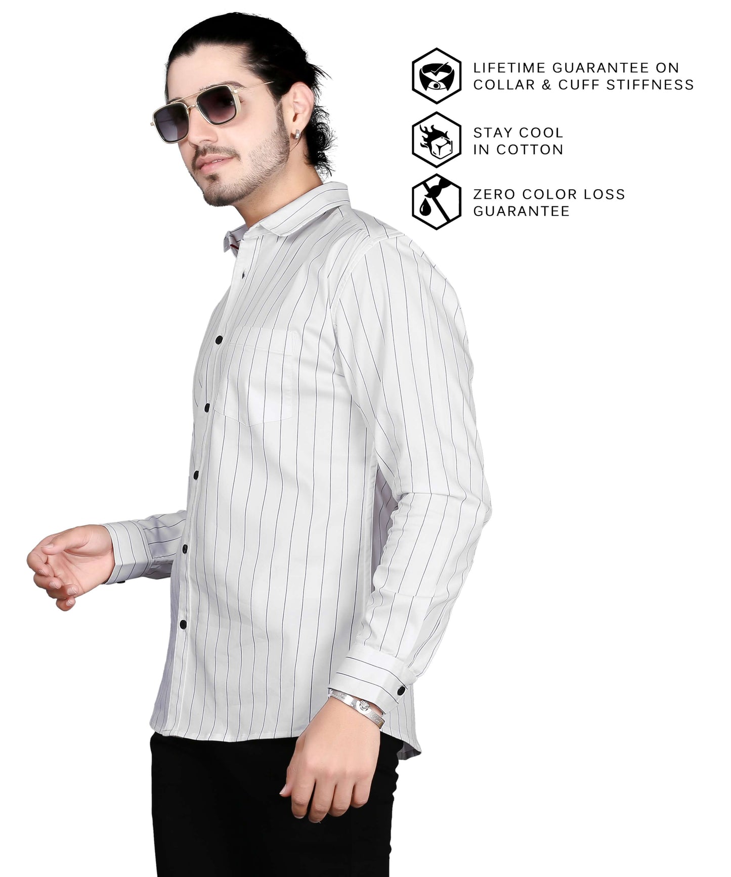 5thanfold Men's Pure Cotton Casual Full Sleeve Striped White Slim Fit Shirt