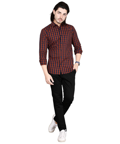 5thanfold Men's Casual Pure Cotton Full Sleeve Checkered Maroon Slim Fit Shirt