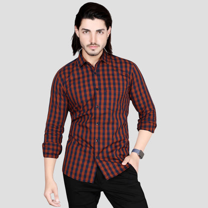 5thanfold Men's Casual Pure Cotton Full Sleeve Checkered Maroon Slim Fit Shirt