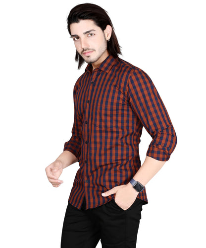 5thanfold Men's Casual Pure Cotton Full Sleeve Checkered Maroon Slim Fit Shirt