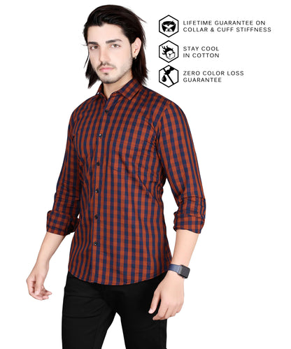 5thanfold Men's Casual Pure Cotton Full Sleeve Checkered Maroon Slim Fit Shirt