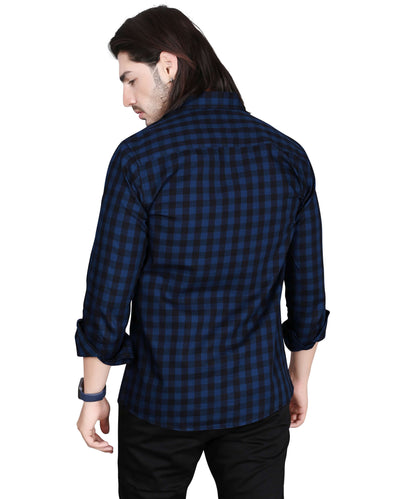 5thanfold Men's Casual Pure Cotton Full Sleeve Checkered Dark Blue Slim Fit Shirt