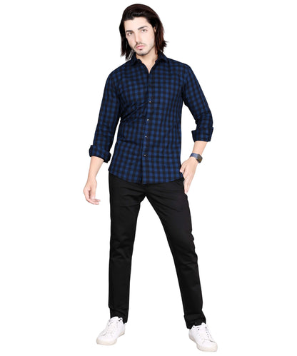 5thanfold Men's Casual Pure Cotton Full Sleeve Checkered Dark Blue Slim Fit Shirt