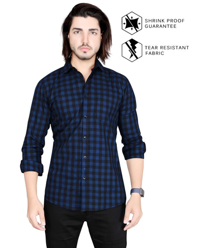 5thanfold Men's Casual Pure Cotton Full Sleeve Checkered Dark Blue Slim Fit Shirt