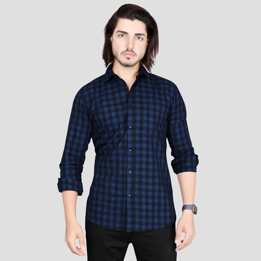 5thanfold Men's Casual Pure Cotton Full Sleeve Checkered Dark Blue Slim Fit Shirt