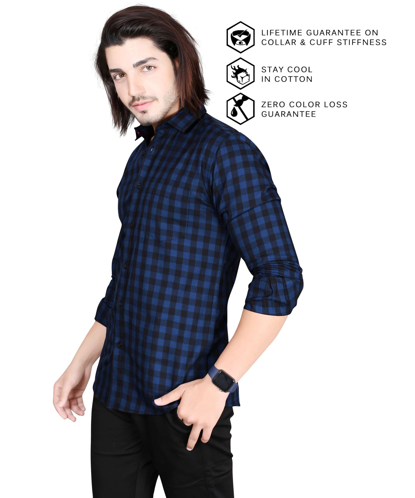 5thanfold Men's Casual Pure Cotton Full Sleeve Checkered Dark Blue Slim Fit Shirt