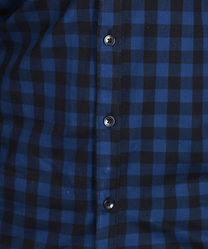 5thanfold Men's Casual Pure Cotton Full Sleeve Checkered Dark Blue Slim Fit Shirt