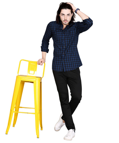 5thanfold Men's Casual Pure Cotton Full Sleeve Checkered Dark Blue Slim Fit Shirt