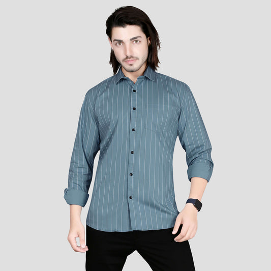 5thanfold Men's Casual Pure Cotton Full Sleeve Striped Sky Blue Slim Fit Shirt