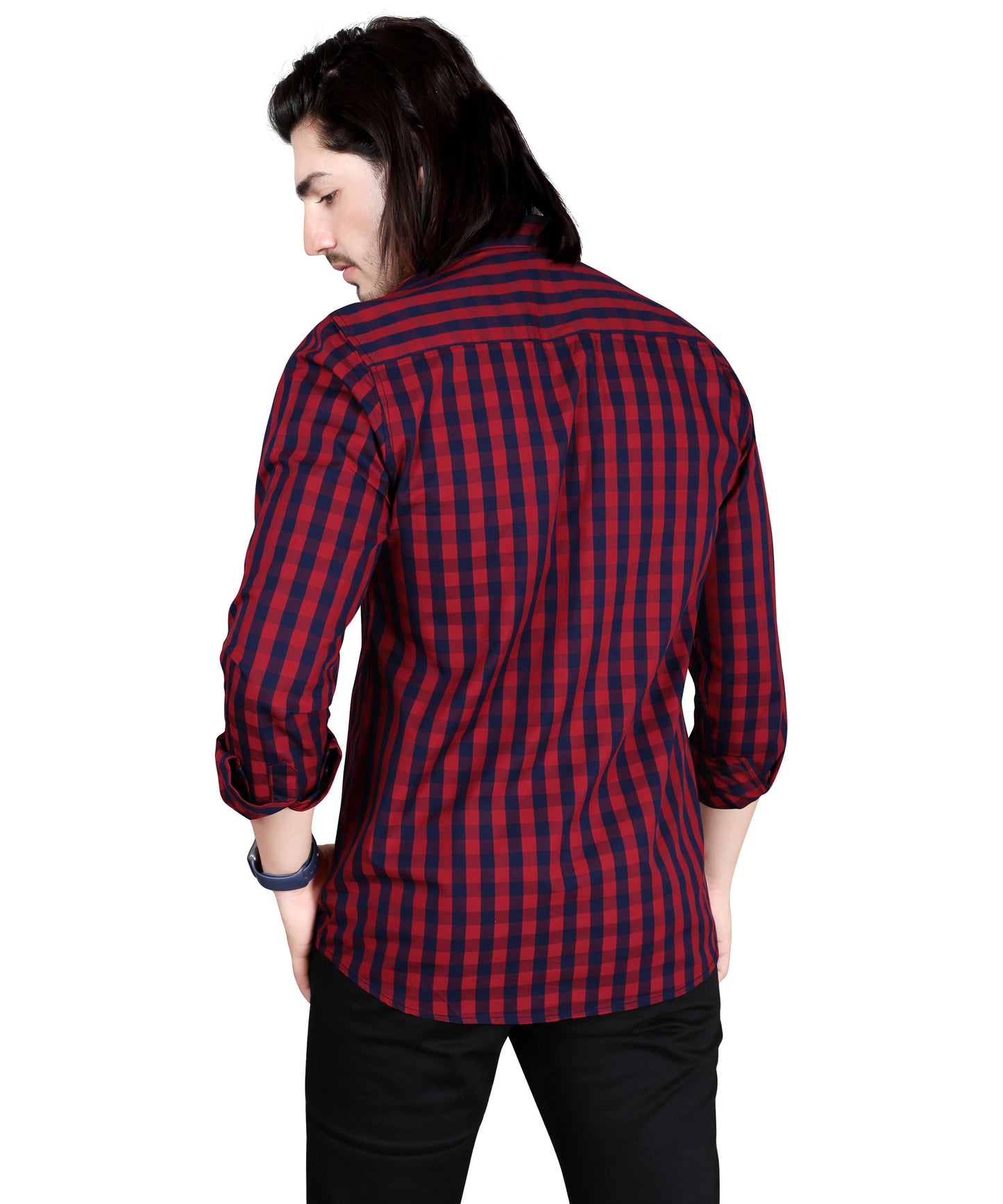5thanfold Men's Casual Pure Cotton Full Sleeve Checkered Red Slim Fit Shirt