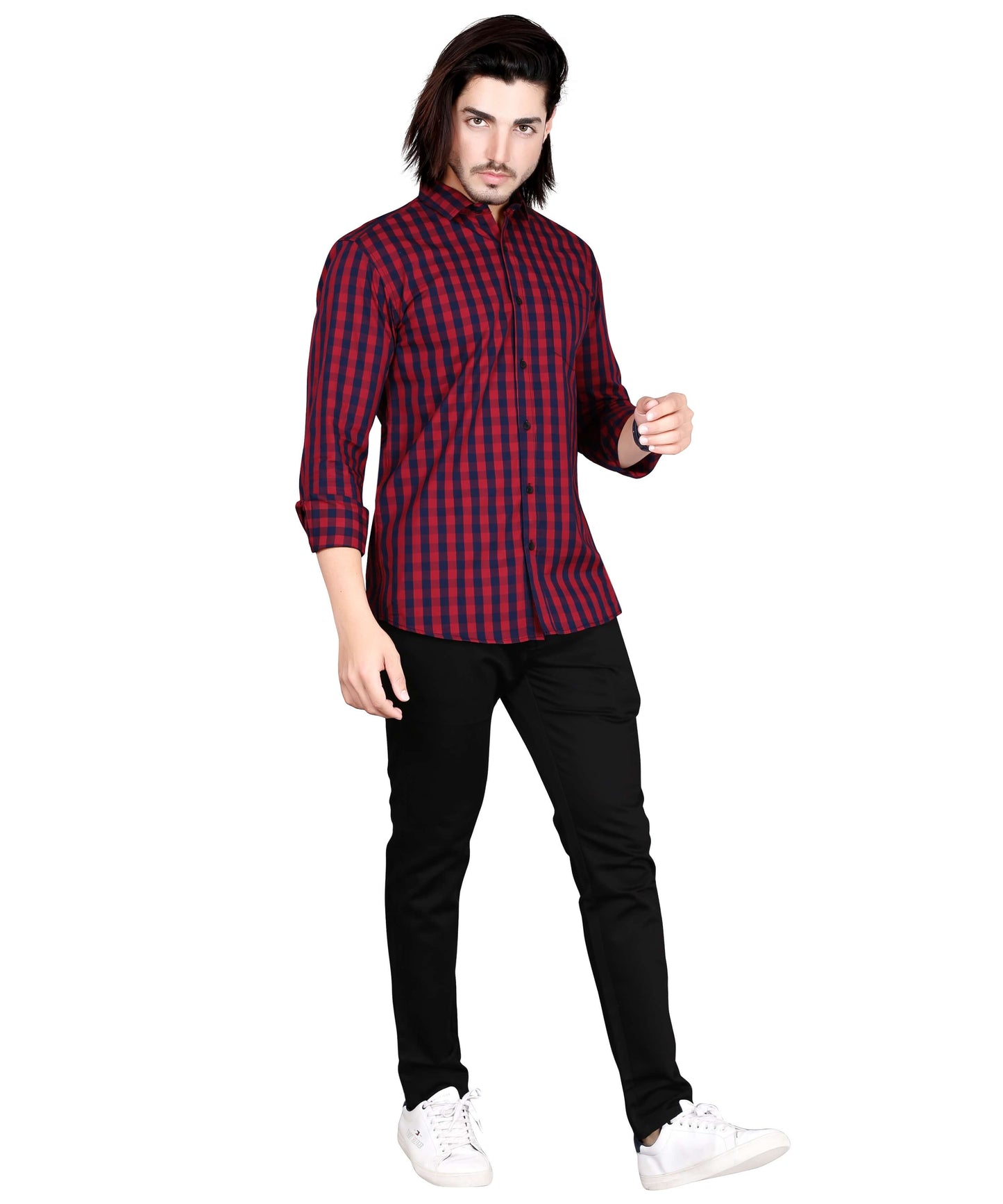 5thanfold Men's Casual Pure Cotton Full Sleeve Checkered Red Slim Fit Shirt