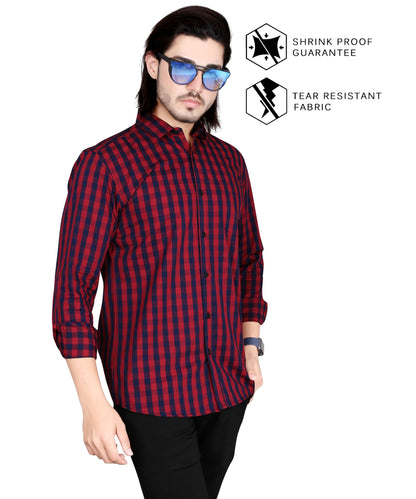 5thanfold Men's Casual Pure Cotton Full Sleeve Checkered Red Slim Fit Shirt