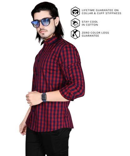 5thanfold Men's Casual Pure Cotton Full Sleeve Checkered Red Slim Fit Shirt